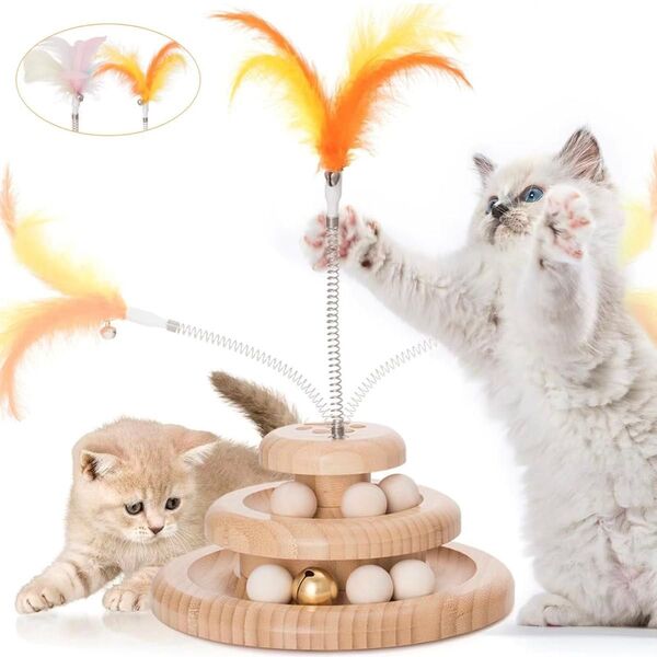 【未使用】猫用 木製タワーおもちゃ 2層 ボール&羽付き 知育ぐるぐる 回転式