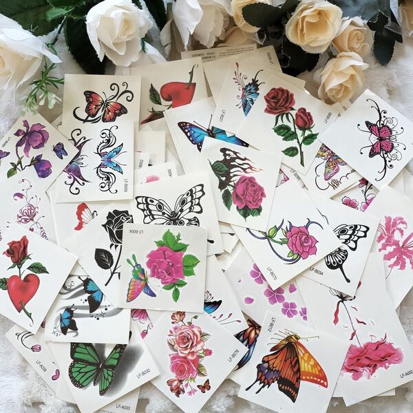 タトゥーシール 薔薇 フラワー ボディアート 刺青シール シール ちょうちょ 紙モノ 素材 バラ 花 刺青シール 紙モノ