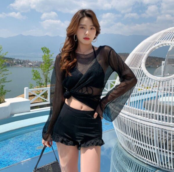 ラスト1点!Lサイズ!3点セット!水着 セパレート ブラック 黒 プール 海 夏 ママ シースルー
