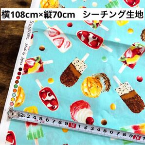 アイス柄 シーチング生地 横108cm×縦70cm 水色 セブンベリー (i70)#アイス柄#夏