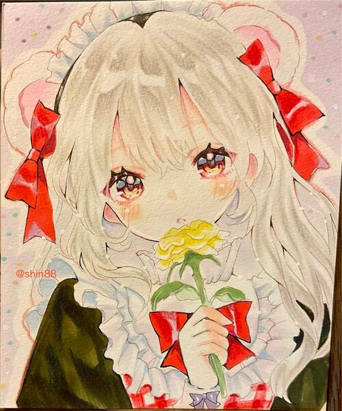 手描きオリジナルイラスト 熊耳赤いリボンのメイドさん