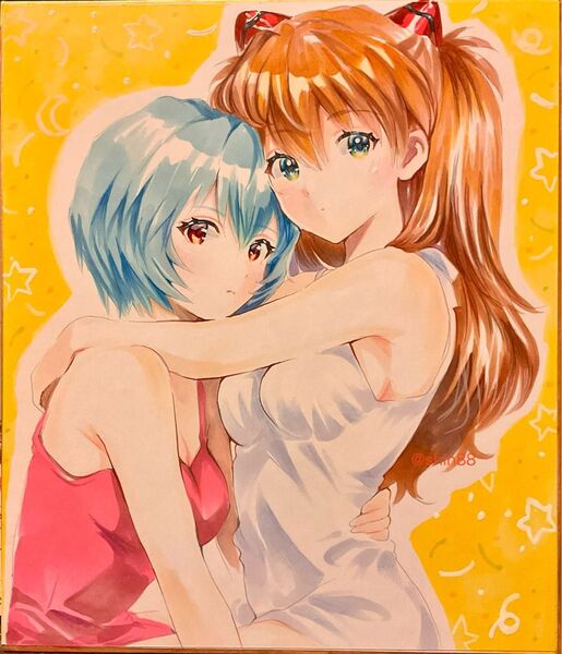 手描きアナログイラスト 色紙 綾波レイとアスカ