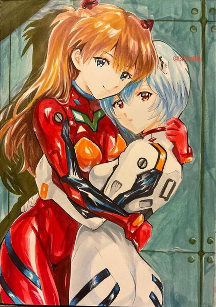 手描きアナログイラスト 新世紀エヴァンゲリオン 綾波レイとアスカ・ラングレー