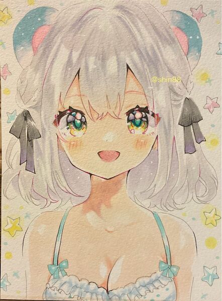 オリジナル手描きイラスト 熊耳ビキニ姿の可愛い女の子
