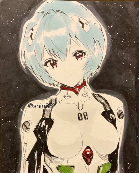 手描きアナログイラスト 新世紀エヴァンゲリオン 綾波レイ モノクロ