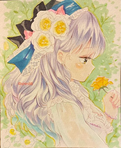 手描きオリジナルイラスト 花と女の子の横顔