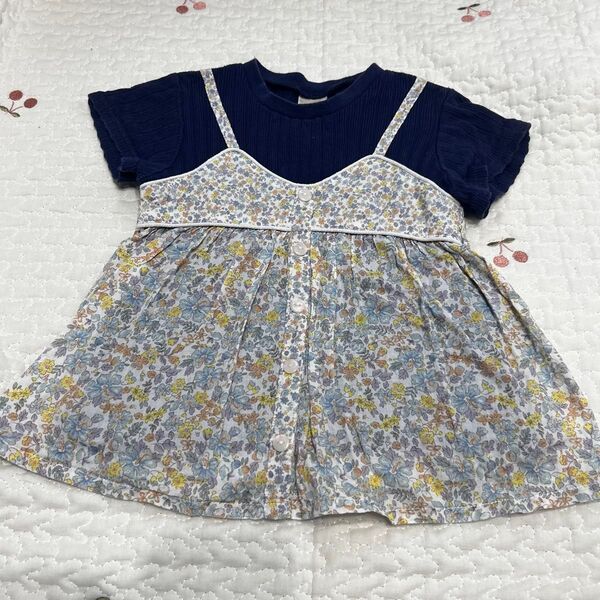 プティマイン 100cm 花柄ドッキングTシャツ