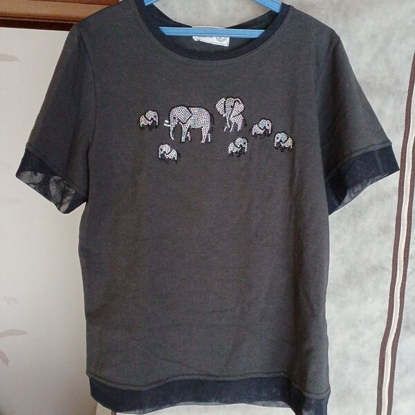 新品未使用 銀座マギー 象のスパンコール 半袖Tシャツ グレー タグ付