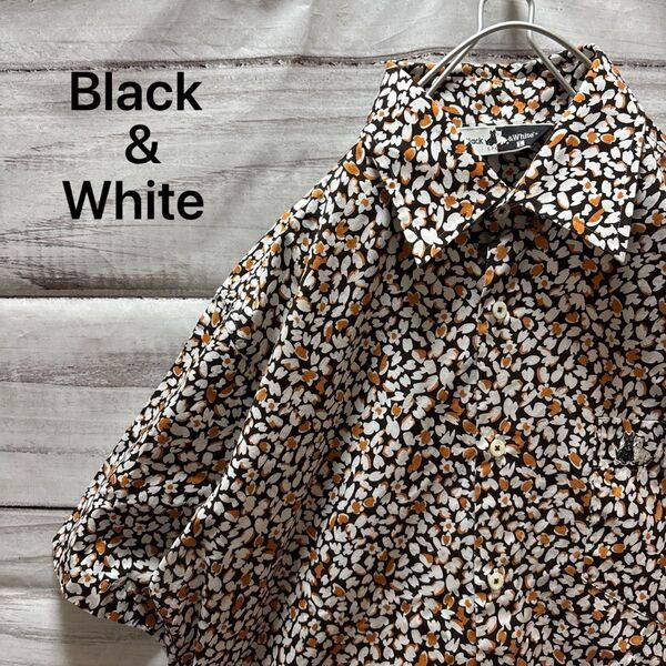 Black&white 花柄半袖シャツ 花びら ロゴ ワンポイント ゴルフ