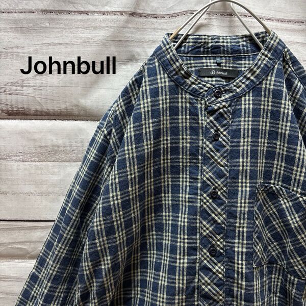 Johnbull リネン混 チェック柄プルオーバーシャツ バンドカラーシャツ