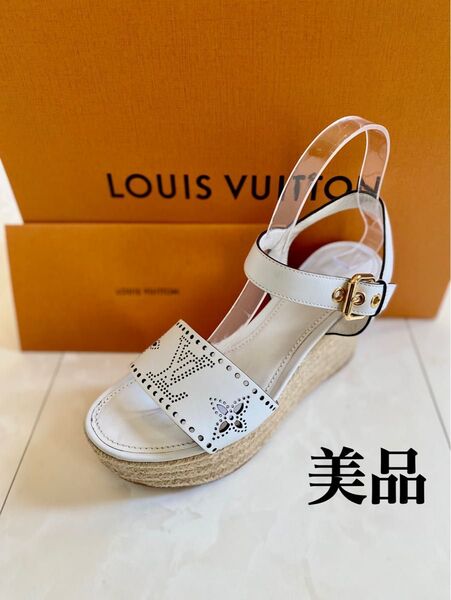 美品 ルイヴィトン スターボードライン ウェッジ 白黒 37.5 24.5cm サンダル LOUIS VUITTON