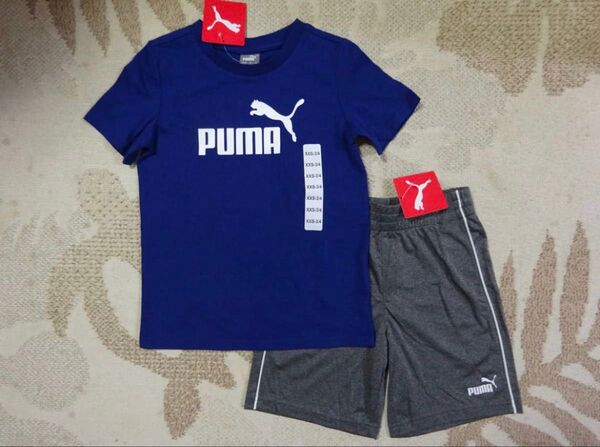 新品未使用 PUMA プーマ 100 US 4T【4才・身長99-107cm】 半袖Tシャツ・ハーフパンツ ネイビー/グレー 紺