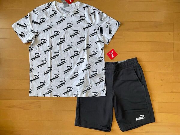 新品未使用 XL(LL) PUMA プーマ 人気の総ロゴTシャツ(ホワイト 白)・スウェットパンツ(ブラック 黒)上下 総柄