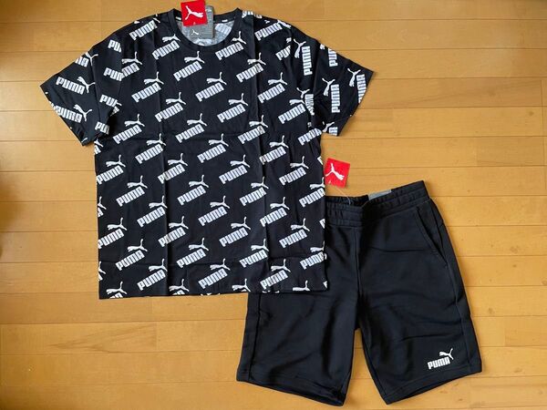 新品未使用 XL(LL) PUMA プーマ 人気の総ロゴTシャツ(ブラック 黒)・スウェットパンツ(ブラック 黒)上下 総柄