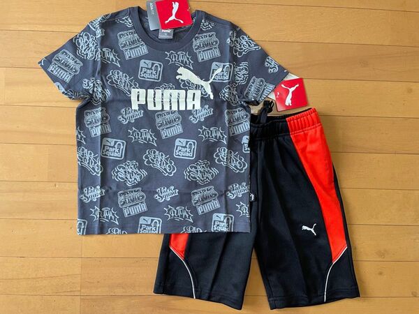 新品未使用 PUMA プーマ 上120下110 大人気の総柄!!半袖Tシャツ(グレー)・ジャージハーフパンツ(ブラック 黒) 上下