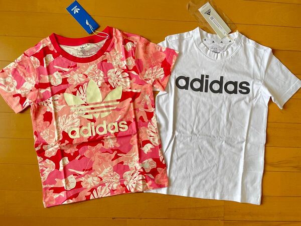 新品未使用 130 2枚 adidas アディダスオリジナルス 半袖Tシャツ (ガールズ フローラル ピンク)(リニアロゴ 白)
