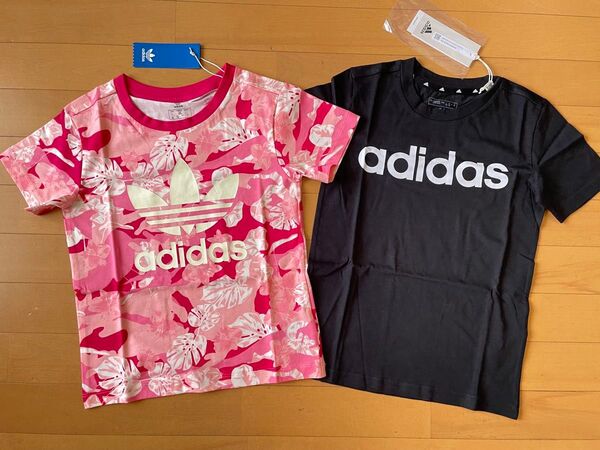 新品未使用 130 2枚 adidas アディダスオリジナルス 半袖Tシャツ (ガールズ フローラル ピンク)(リニアロゴ 黒)