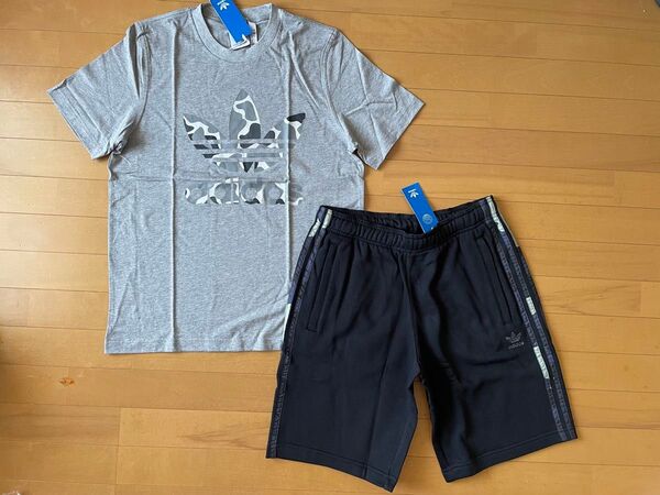新品未使用 L アディダスオリジナルスグラフィック カモ柄 半袖Tシャツ(グレー)・スウェットハーフパンツ(ブラック)上下