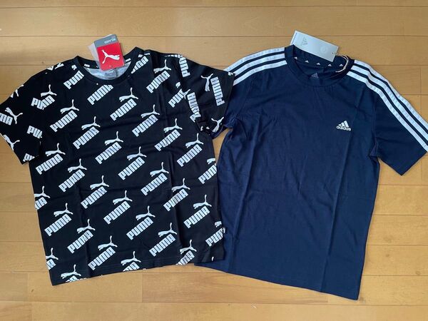 新品未使用 150 半袖Tシャツ2枚 PUMA プーマ 大人気!!総柄ロゴTシャツ 黒 adidas アディダス 3ストライプ 紺