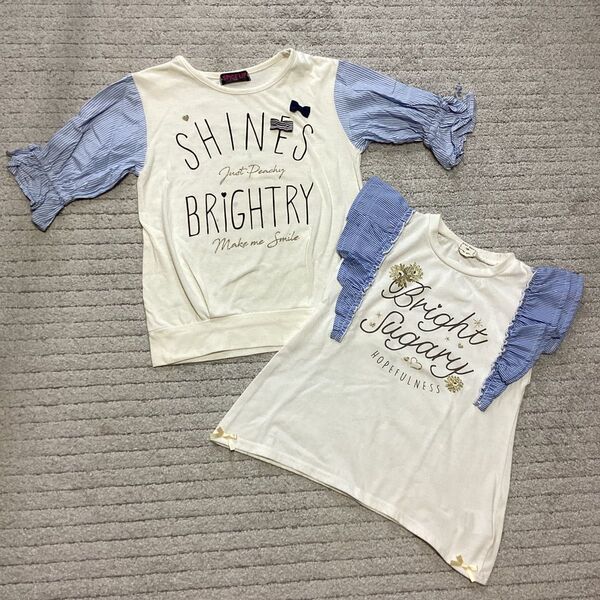 Tシャツ 半袖 アイボリー 袖なし 白 130 2枚組 トップス フリル付きストライプ袖