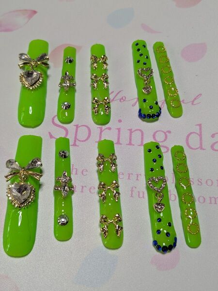 10本セット ネイルチップ ハンドメイド リボン ストーン