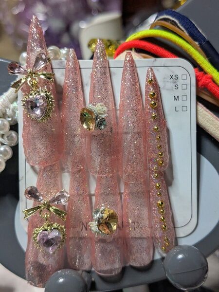 つけ爪 ネイルチップ ピンク ラメ ハート リボン ラインストーン 10本セット