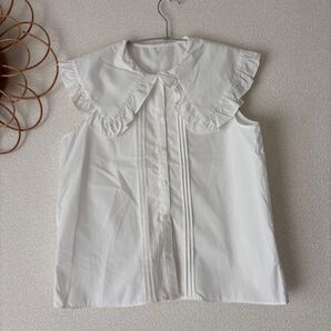 【美品】 ビックカラーシャツ ノースリーブ フリル襟 ホワイト