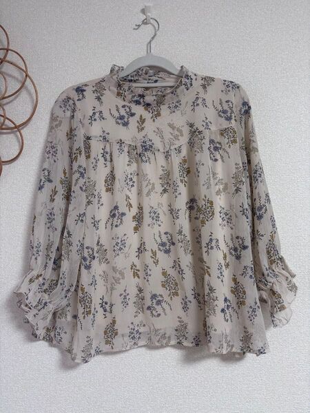 【美品】 しまむら Flash blueハイネックフリル 花柄ブラウス Lサイズ