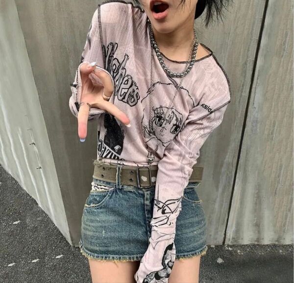 y2k プリントtシャツ グランジ 漫画プリント 韓国 フェアリー 00s