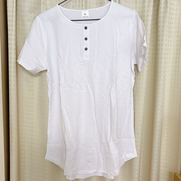 白のヘンリーネックTシャツ XL Tシャツ おしゃれ ホワイト 白 メンズ XL 長め シンプル 白シャツ 半袖