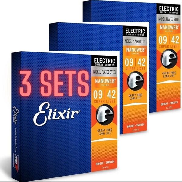 【3セット】Elixir エリクサー エレキギター弦 NANOWEB Super Light .009-.042