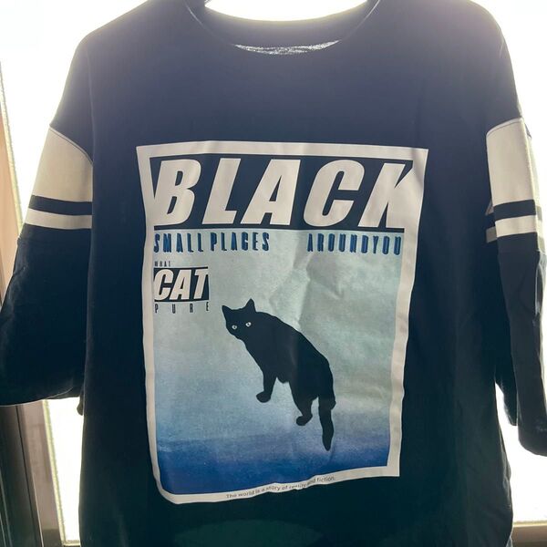 美品、黒猫ベースボールTシャツ、オキラク×ローズバッド、ブラック、オーバーサイズ 、ユニセックス
