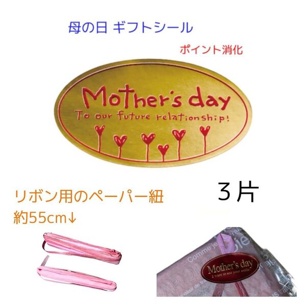 【母の日】ラッピングセット ギフトシール 大きめ 合計3片 リボン用紐付き だ円形