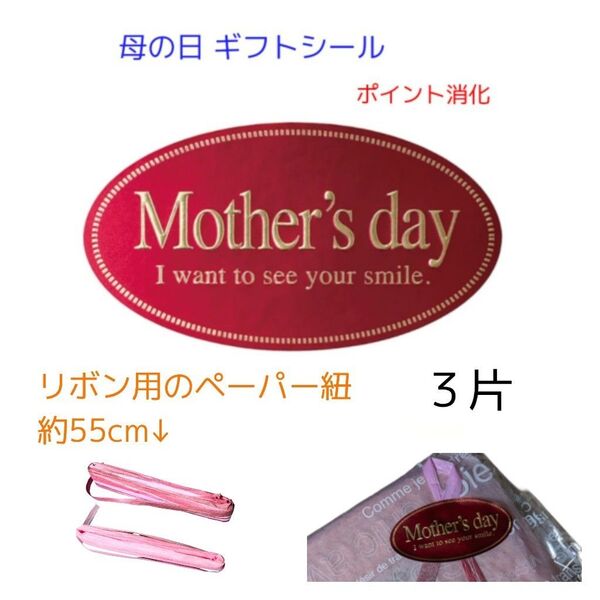【母の日】ラッピングセット ギフトシール 大きめ 合計3片 リボン用紐付き だ円形