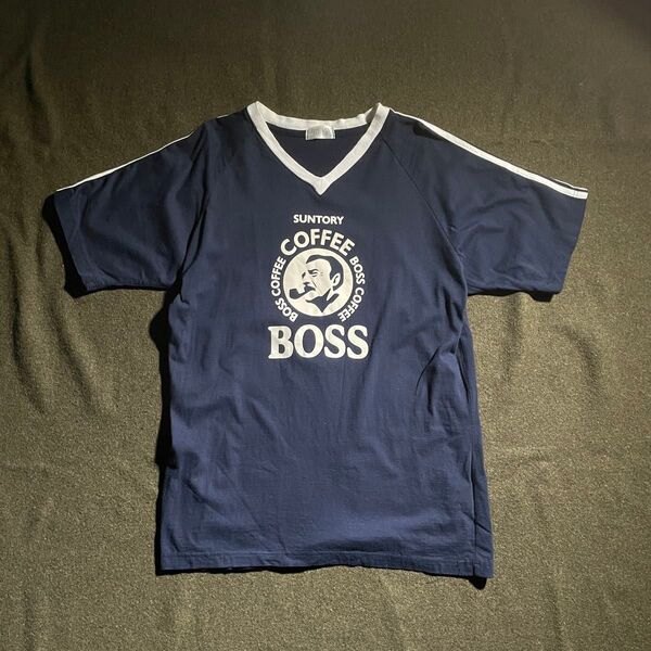 90s VINTAGE BOSS プリント リンガー Tシャツ L相当 ネイビー