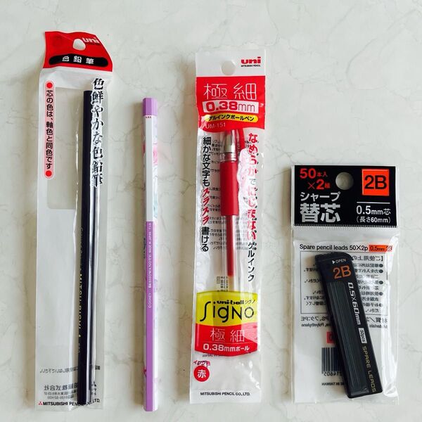 【未使用品】uni 色鉛筆1本、ディズニーアリエルB鉛筆、極細ゲルインクボールペン赤、シャープ替芯2B 4点セット