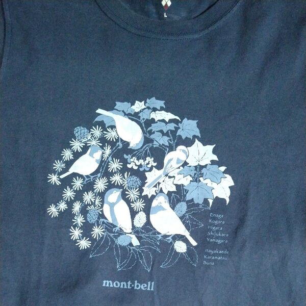 《mont-bell》 Tシャツ 鳥と植物プリント ネイビー系 Lサイズ