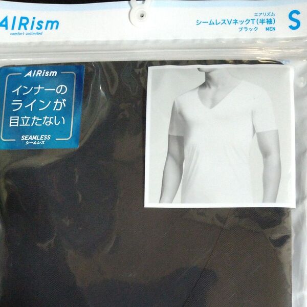 《新品》ユニクロ エアリズム シームレス VネックTシャツ(半袖)黒 S メンズ