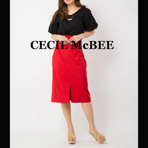 CECIL McBEE セシルマクビー ハイウエスト タイトスカートM レッド 脚長効果 スタイルアップ 編み上げ