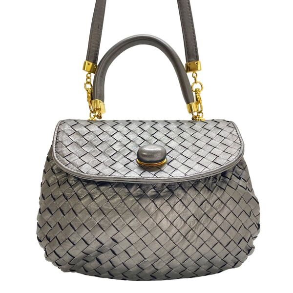 【美品】ボッテガヴェネタ イントレチャートショルダーバッグ シルバー bottega veneta ハンドバッグ ターンロック
