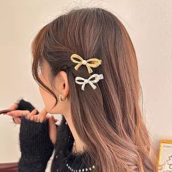 ヘアクリップ 銀 シルバー パール リボン 前髪 レディース ヘアアクセサリー