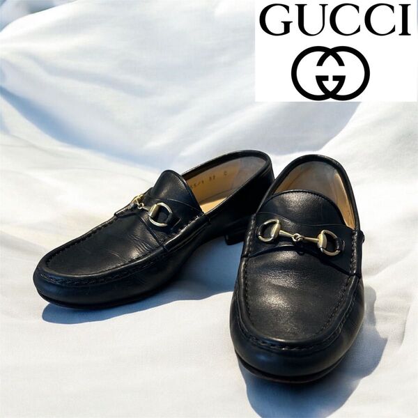 グッチ ホースビットローファー ブラック×ゴールド 37C 24cm ビットローファー 革靴 GUCCI