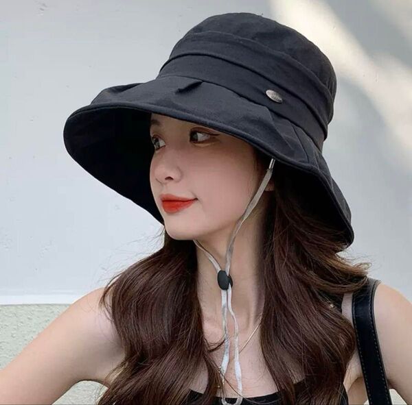 UVカット帽子 日焼け予防 ハット 女優帽 小顔効果 コットン レディース ブラック 折りたたみ 紫外線対策