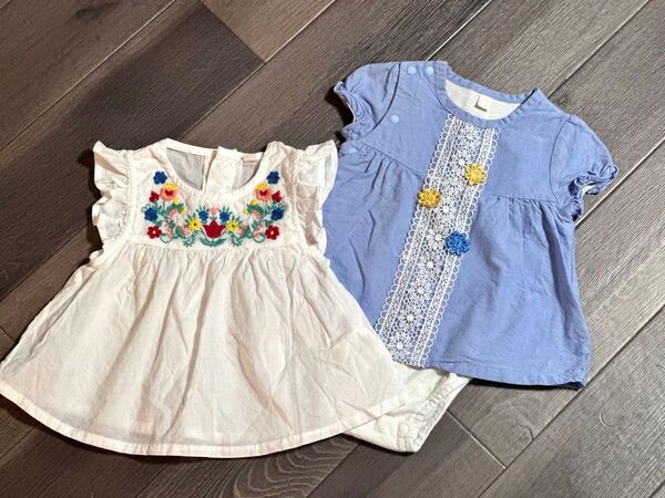 ベビー服(春夏)女の子用(70/80)刺繍フラワーレース 2点セット ワンピース ロンパース トップス