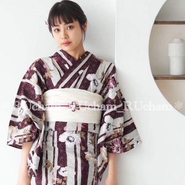 新品【えんじの麻の葉ストライプとアネモネ】 utatane ウタタネ 浴衣単品