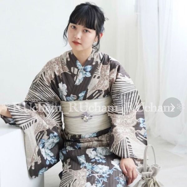新品【チョコブラウンにブルーの花】utatane ニコアンティーク 浴衣単品