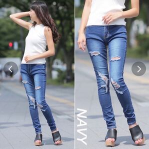 デニム ハイウエスト パンツ ダメージ ストレッチ