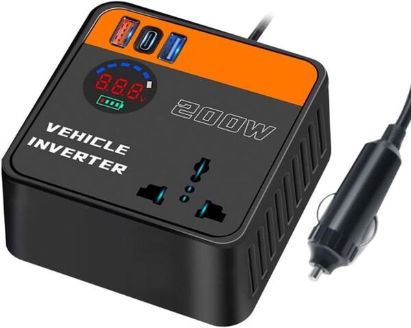車載用 200Wインバーター Type-C/USB 電圧計 シガーソケット 12V車