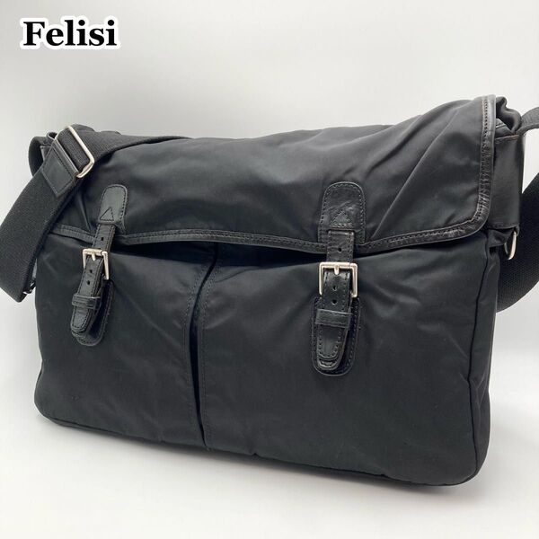 希少品【美品】Felisi フェリージ 9736 ショルダーバッグ 黒 ナイロン 本革 ビジネス 斜めがけ 大容量 A4 フラップ