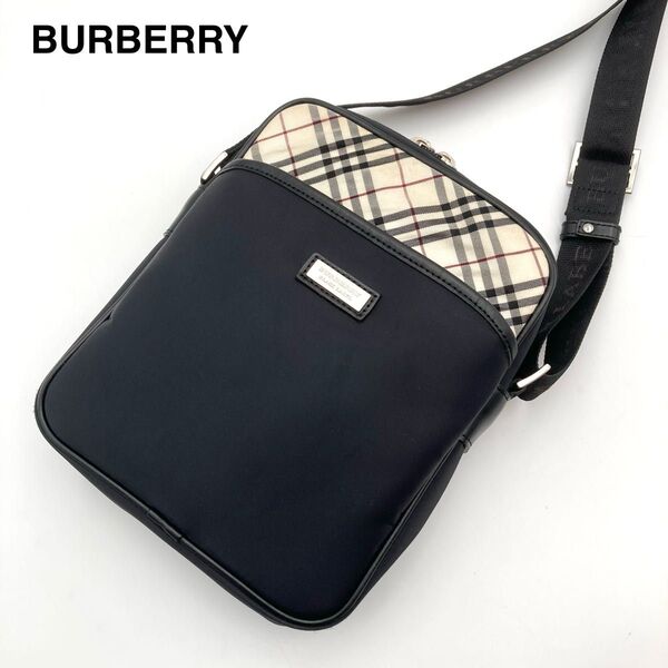 【美品】BURBERRY BLACK LABEL バーバリー ショルダーバッグ 斜掛け 黒 ノバチェック ナイロン ロゴショルダー